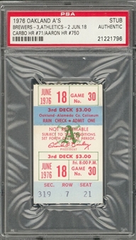 1976 Milwaukee Brewers vs Oakland As Ticket Stub From 6/18/1976 - Aaron Home Run #750 (PSA)